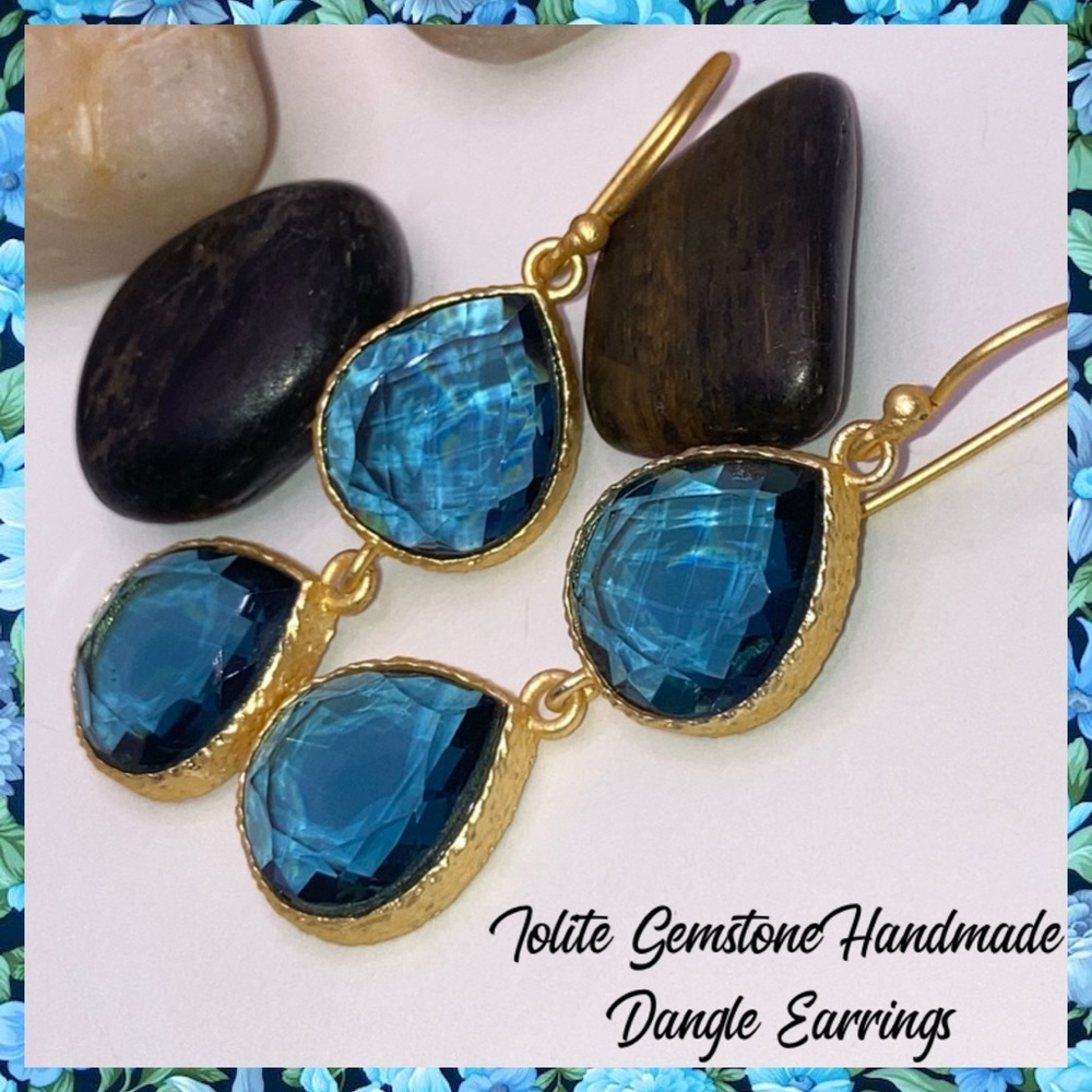 Elegant Iolite Gemstone Handmade Gold Plated Earrings